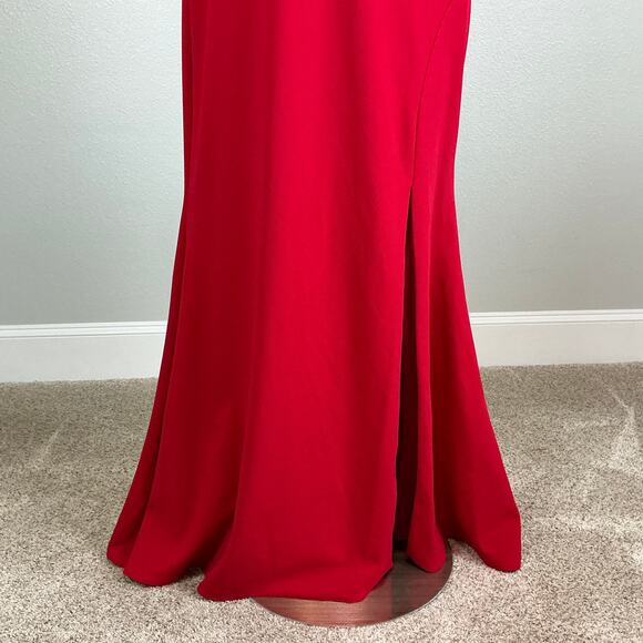 Red One Shoulder Evening Gown Size 14P XSCAPE Cut Out Thigh Slit Formal Dress - Picture 9 of 14